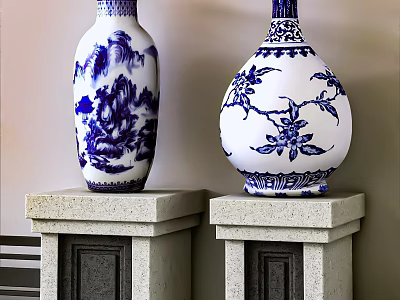 Blue and White Ceramic Vases With Landscape and Floral Patterns on Stone Pedestals 3d model