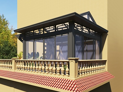 New Chinese Sunshine Room Aluminum Alloy Sunshine Room Herringbone Top with Decoration 3d model