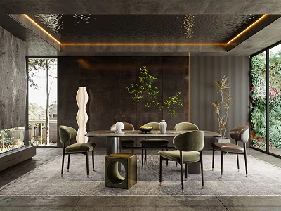 Modern Luxury Restaurant With Dining Table Chairs Dark Walls Green Plants And Ceiling Light Strips 3d model