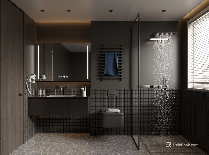 Modern Dark Bathroom Interior Design With Shower Vanity Mirror Blue Towel Window Blinds And Toilet 3d model 