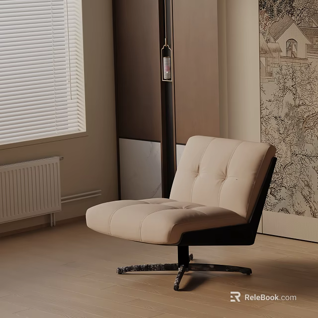 Beige Upholstered Accent Chair With Button Tufted Design Black Swivel Base And Wooden Floor 3d model 