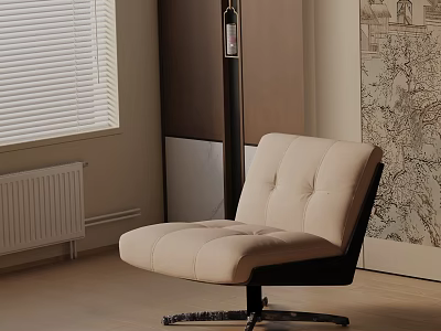 Beige Upholstered Accent Chair With Button Tufted Design Black Swivel Base And Wooden Floor 3d model