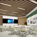 Modern Laboratory Interior Design With White Lab Tables Green Chairs And Ceiling Lights