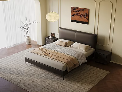 Modern Minimalist Bedroom Interior With Platform Bed Nightstands Area Rug Decorative Painting And Pendant Light 3d model