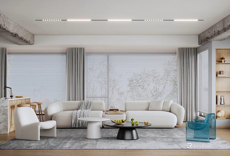 Modern Living Room Interior With White Sofa Coffee Table Blue Accent Chair And Area Rug 3d model 