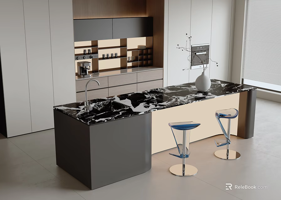 Sleek Modern Bar Counter Design With Black Marble Top And Blue Bar Stools 3d model 