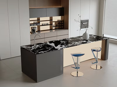 Sleek Modern Bar Counter Design With Black Marble Top And Blue Bar Stools 3d model