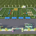 Outdoor Sports Field With Green Lawn Colorful Track Obstacles Blue Canopies And Decorative Arch