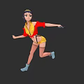 Animated Female Game Character In Yellow Red Outfit With Blue Hair Running Pose