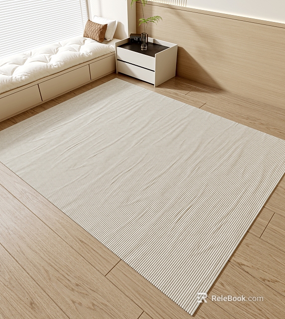 Light Colored Thin Striped Square Rug On Wooden Floor With White Cabinet And Sofa Bed 3d model 