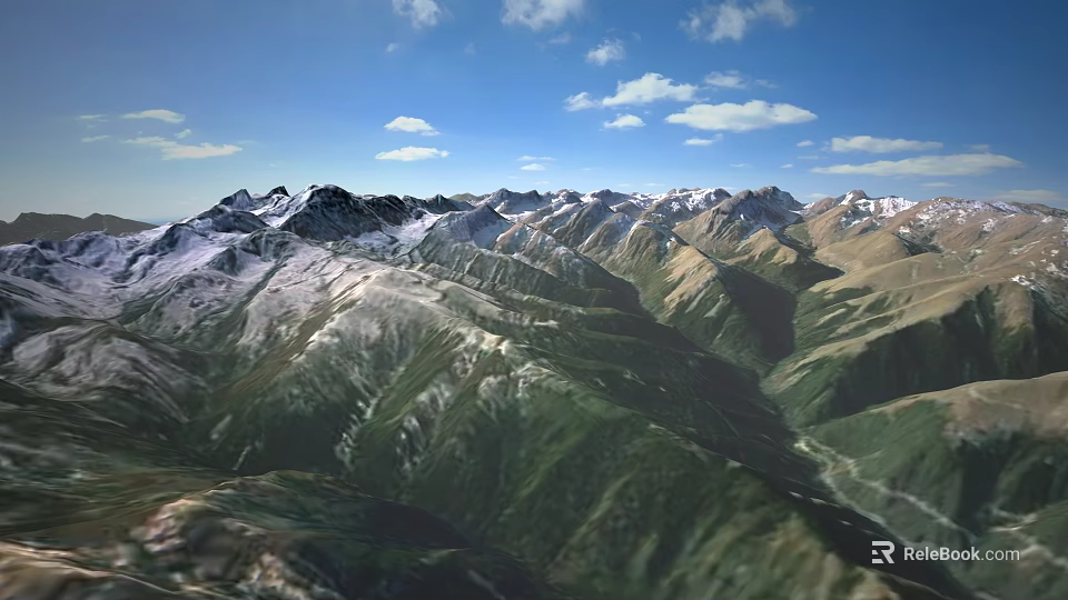 Snow Capped Mountain Range With Green Valleys And Blue Sky White Clouds 3d model 