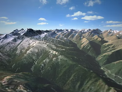 Snow Capped Mountain Range With Green Valleys And Blue Sky White Clouds 3d model