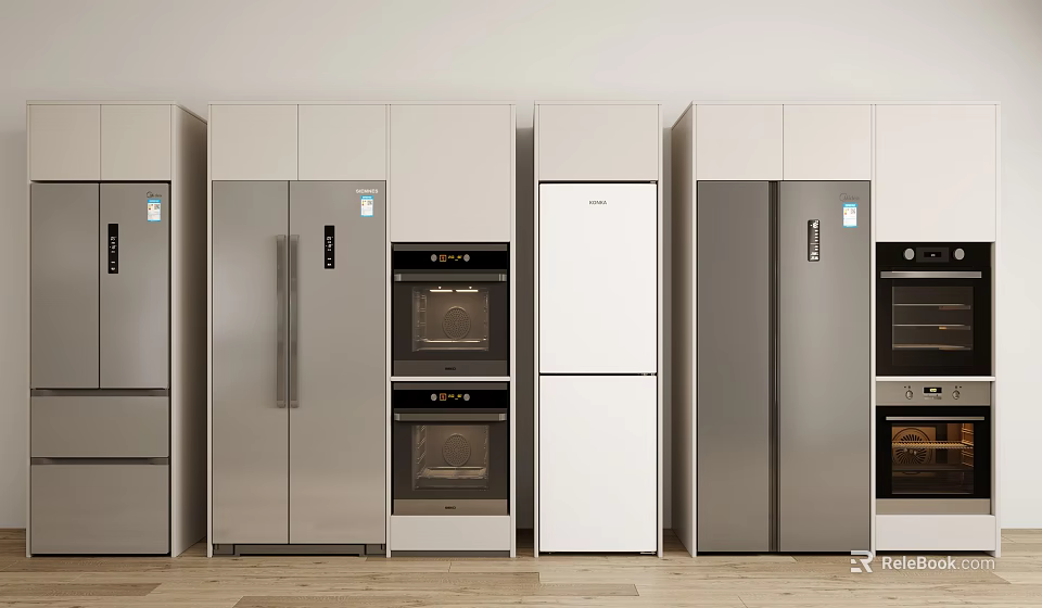 Modern Kitchen Appliances Display Featuring Various Refrigerators Ovens and Cabinets 3d model