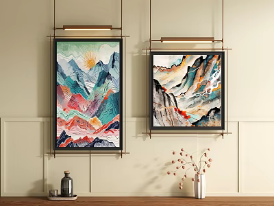 Colorful Mountain Landscape Paintings as Modern Interior Wall Decor in Living Room 3d model
