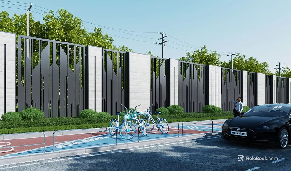 Modern Building Exterior Wall Design With Metal Decorative Panels White Facade Green Plants And Bicycle Parking 3d model 