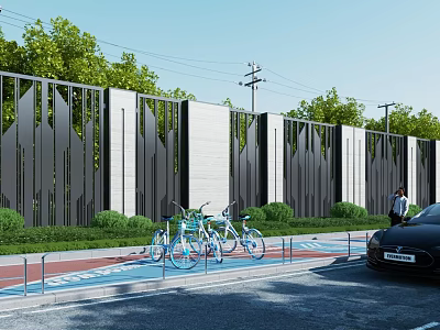 Modern Building Exterior Wall Design With Metal Decorative Panels White Facade Green Plants And Bicycle Parking 3d model