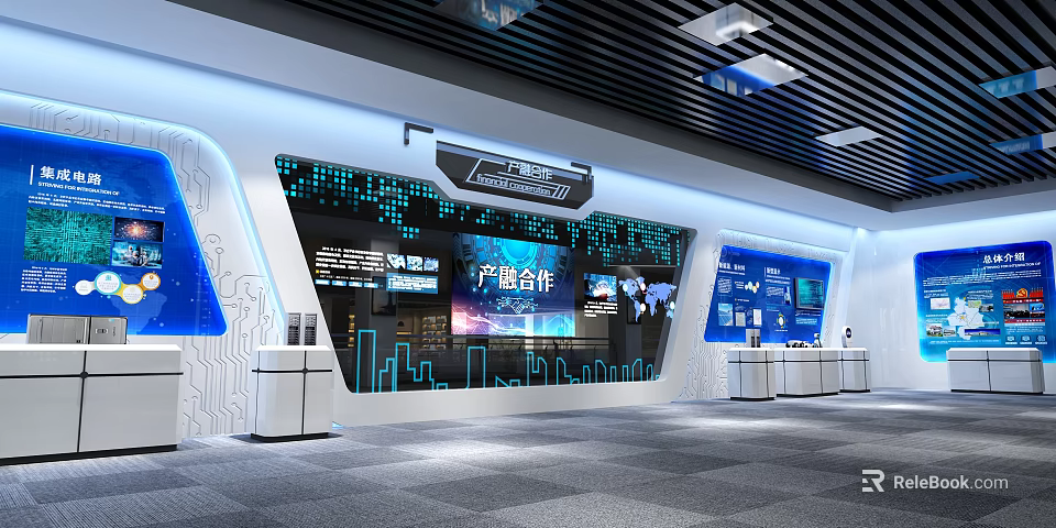 Modern Bank Tech Savvy Exhibition Area Featuring Digital Screens Data Displays And Collaboration Info 3d model 