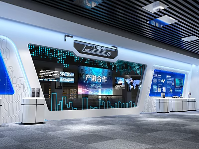 Modern Bank Tech Savvy Exhibition Area Featuring Digital Screens Data Displays And Collaboration Info 3d model
