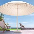 Outdoor White Sunshade on Terrace With Sea View Green Plants Lounge Chairs and Comfortable Seating