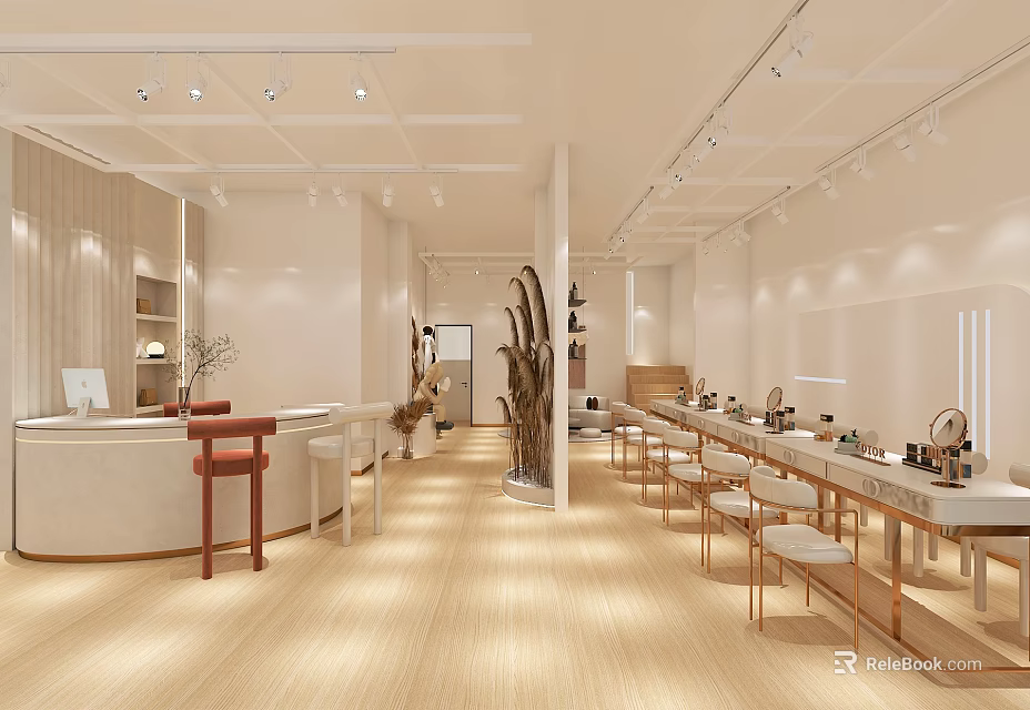 Modern Beauty Hair Salon Interior with Light Wooden Flooring Reception Desk Styling Chairs and Workstations 3d model 