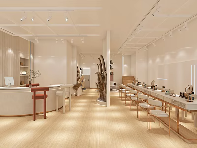 Modern Beauty Hair Salon Interior with Light Wooden Flooring Reception Desk Styling Chairs and Workstations 3d model