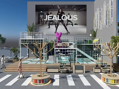 JEALOUS Billboard On Modern Commercial Building With Glass Entrance Outdoor Plants And Pedestrians 3d model