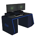 Modern Office Desk with Dual Monitors Keyboard Mouse Blue Accent Lines and Curve Space