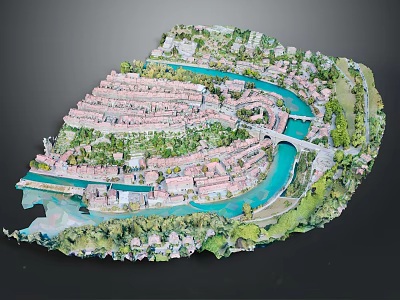 Modern Town Model With Winding Blue River Buildings Bridge And Green Areas 3d model