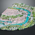 Modern Town Model With Winding Blue River Buildings Bridge And Green Areas
