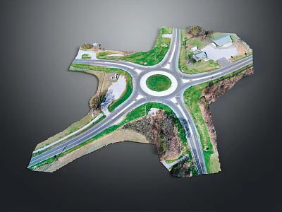 Aerial View Of Roundabout Intersection With Multiple Roads And Grass Areas 3d model