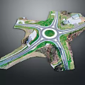 Aerial View Of Roundabout Intersection With Multiple Roads And Grass Areas