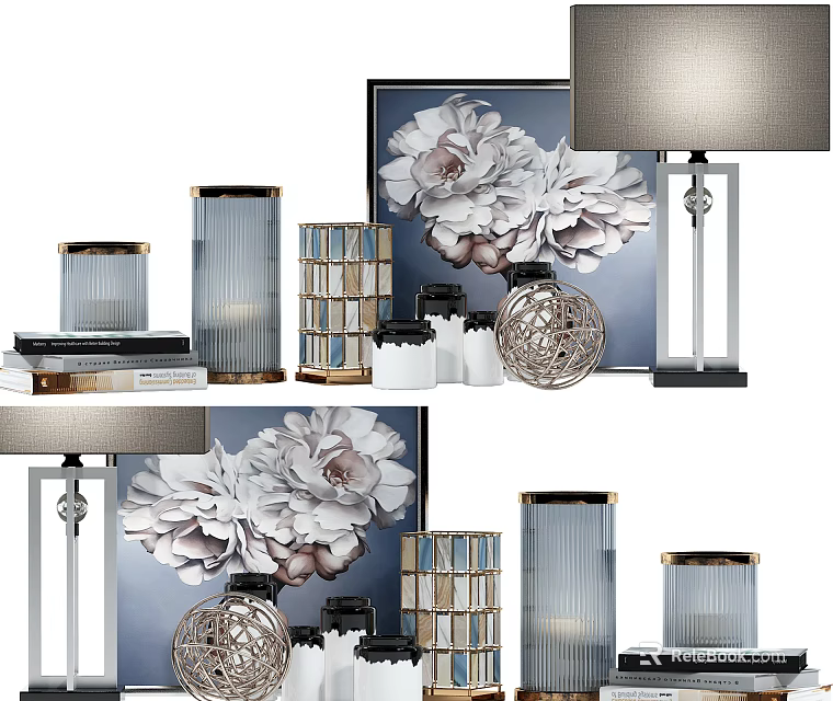 Modern Decorative Ornament Set With Floral Artwork Table Lamp And Geometric Candle Holders 3d model 