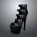 Black High Heel Sandals With Multiple Metal Buckles And Platform Sole