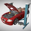 Red Convertible Car With Open Hood Elevated On Hydraulic Car Lift