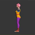 3D Character With Pink Pigtails Yellow Star Jumpsuit Blue Sleeves Purple Leggings And Arms Outstretched