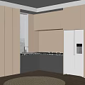 Modern Kitchen Interior With Light And Dark Cabinets Marble Countertop And Refrigerator