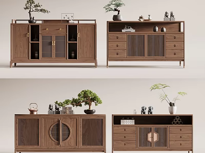 Modern Wooden Entryway Console Table And Side Cabinet With Decorative Plants And Storage Drawers 3d model