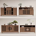 Modern Wooden Entryway Console Table And Side Cabinet With Decorative Plants And Storage Drawers