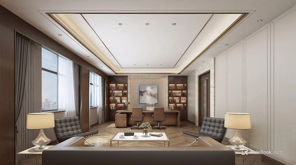 Modern Office Interior Design With Desk Chairs Bookshelves Sofa Coffee Table And Painting 3d model 