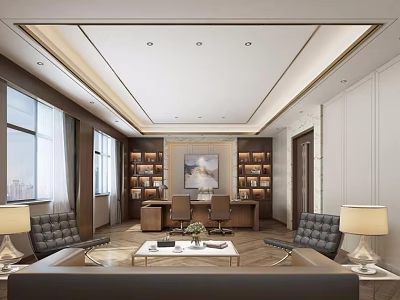 Modern Office Interior Design With Desk Chairs Bookshelves Sofa Coffee Table And Painting 3d model