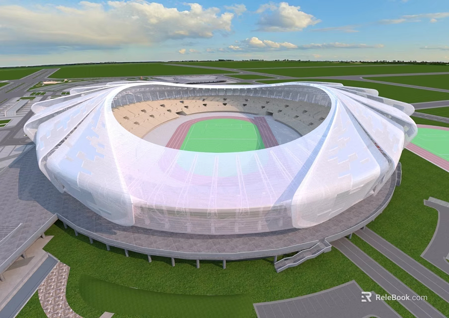 Modern Stadium With White Roof Green Football Field And Surrounding Grass Areas 3d model 