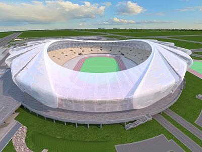 Modern Stadium With White Roof Green Football Field And Surrounding Grass Areas 3d model