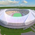 Modern Stadium With White Roof Green Football Field And Surrounding Grass Areas