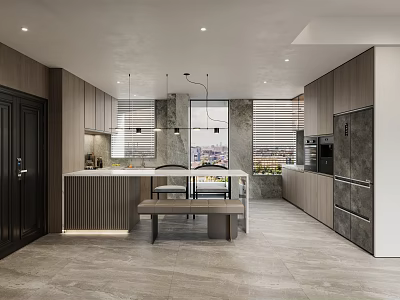Modern Restaurant Kitchen With Open Design Wooden Cabinets Island Counter Hanging Lights And Large Windows 3d model