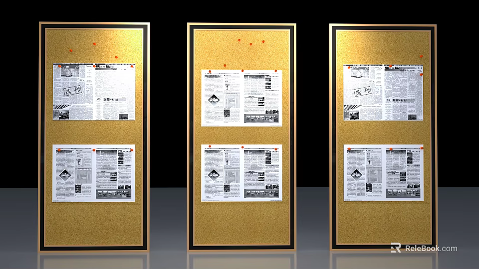 Indoor Background Wall With Three Golden Frame Bulletin Boards Newspapers And Red Push Pins 3d model 