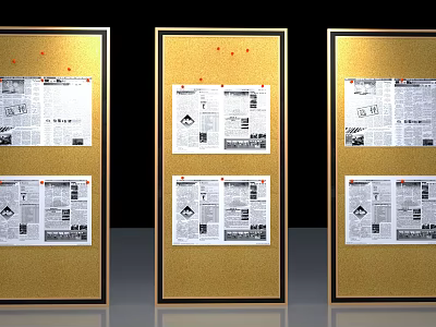Indoor Background Wall With Three Golden Frame Bulletin Boards Newspapers And Red Push Pins 3d model