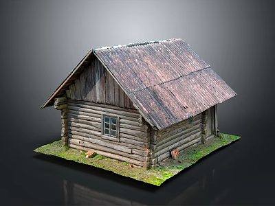 Rustic Log Cabin With Weathered Roof And Small Window On Grass 3d model