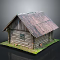 Rustic Log Cabin With Weathered Roof And Small Window On Grass 3d model