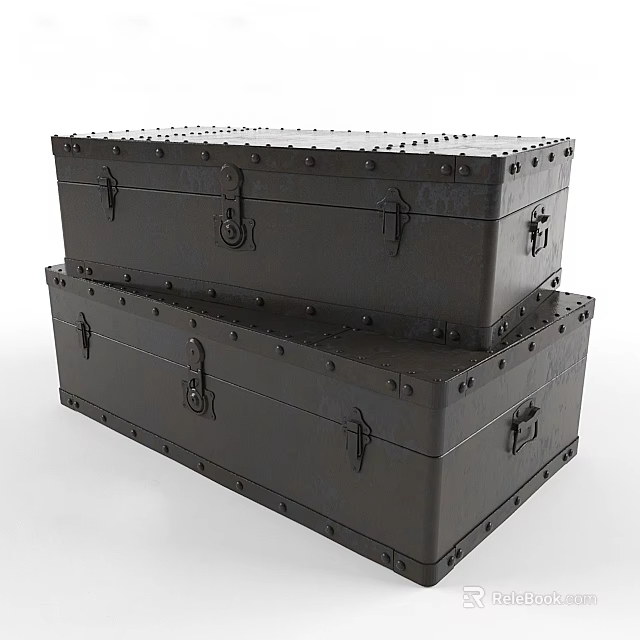 Classic Black Metal Trunks Stacked With Rivets And Vintage Metal Latches 3d model 