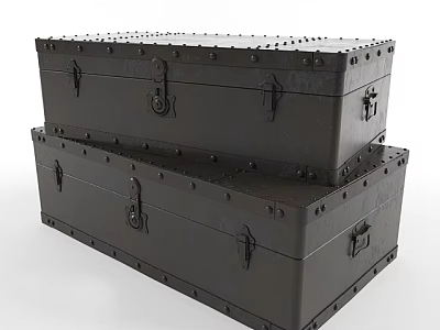 Classic Black Metal Trunks Stacked With Rivets And Vintage Metal Latches 3d model